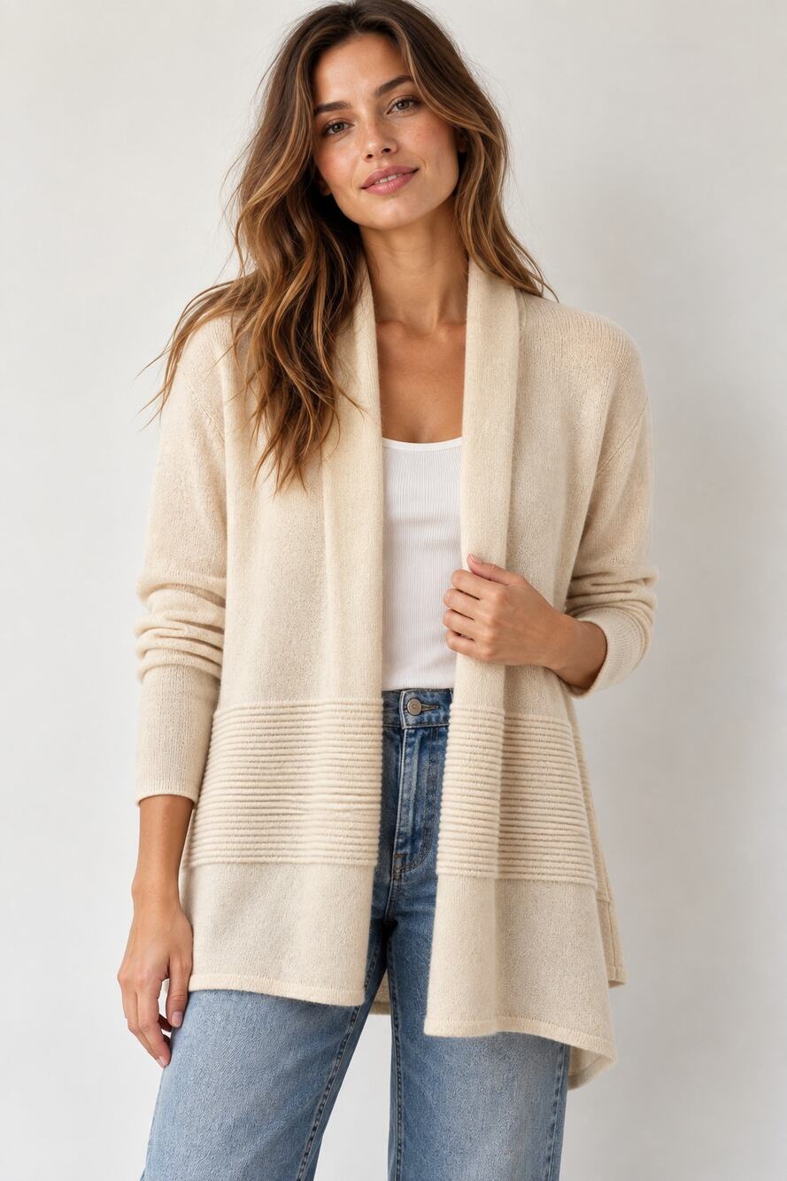 Hannah Rose 100% Cashmere Open Front Cardigan Cream Shawl Collar Ribbed Band XS
